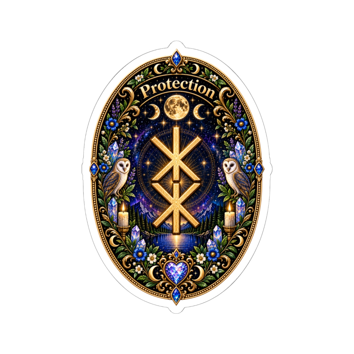 Protection Rune Sticker — Mystical Owl & Moon Kiss-Cut Sticker