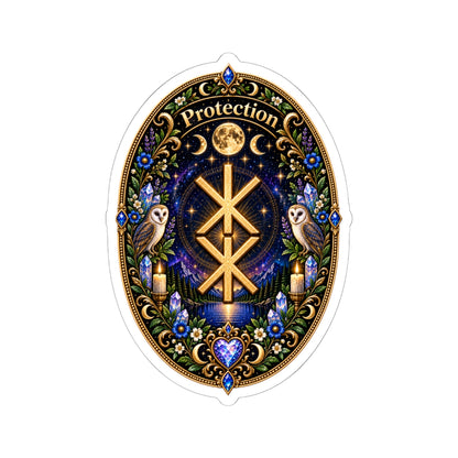 Protection Rune Sticker — Mystical Owl & Moon Kiss-Cut Sticker