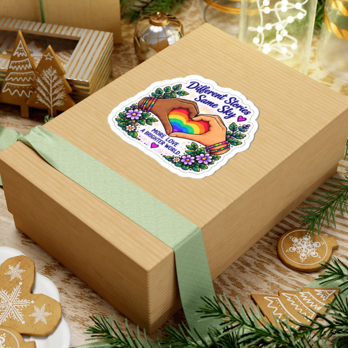 Different Stories Same Sky Rainbow Heart Sticker — "More Love A Brighter World" Pride Kiss-Cut Sticker