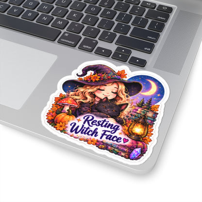 Resting Witch Face Cute Autumn Witch with Cat, Moonlit Lantern Sticker