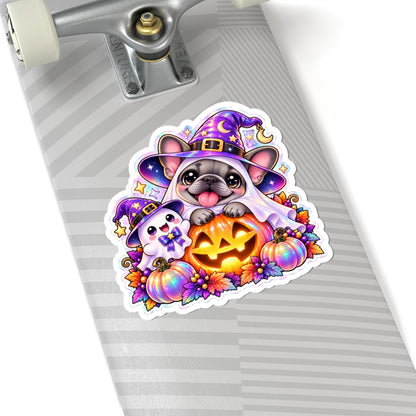 Halloween Frenchie & Ghost Sticker — Cute Witch Hat Jack-o'-Lantern Kiss-Cut Sticker