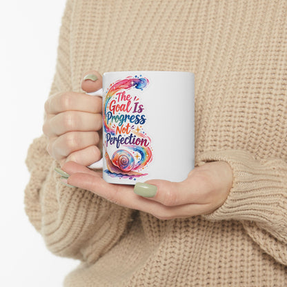 Colorful Snail Ceramic Mug — 'Progress, Not Perfection' Inspirational Coffee Cup (11oz)