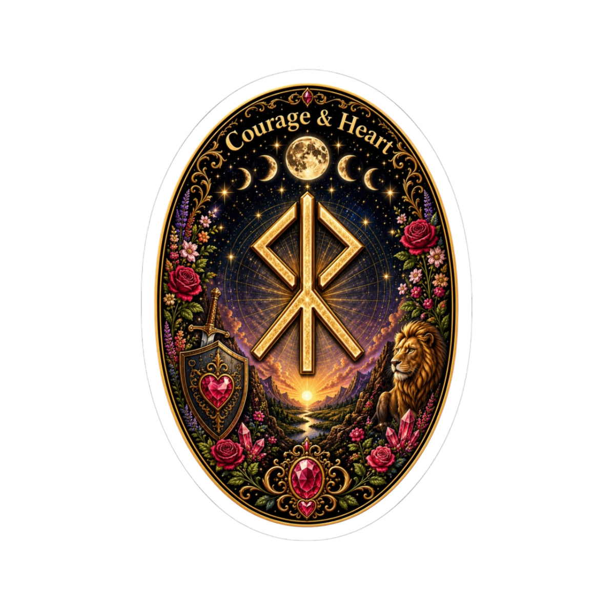 Courage & Hearts Rune Oval Sticker — Lion, Roses & Moon Rune Kiss-Cut Sticker