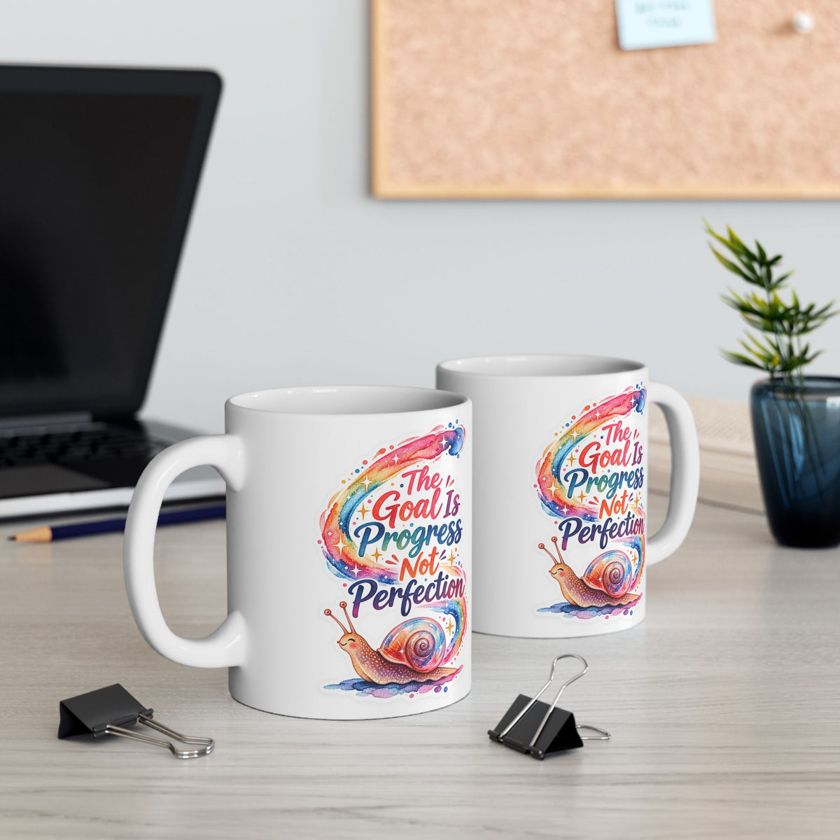 Colorful Snail Ceramic Mug — 'Progress, Not Perfection' Inspirational Coffee Cup (11oz)