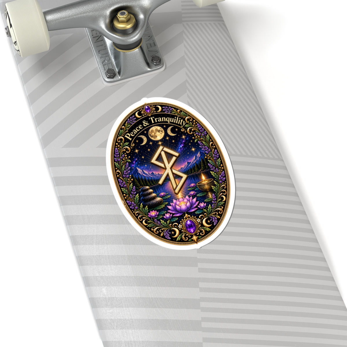 Peace & Tranquility Rune Meditation Sticker — Spiritual Lotus Nightscape Kiss-Cut Sticker