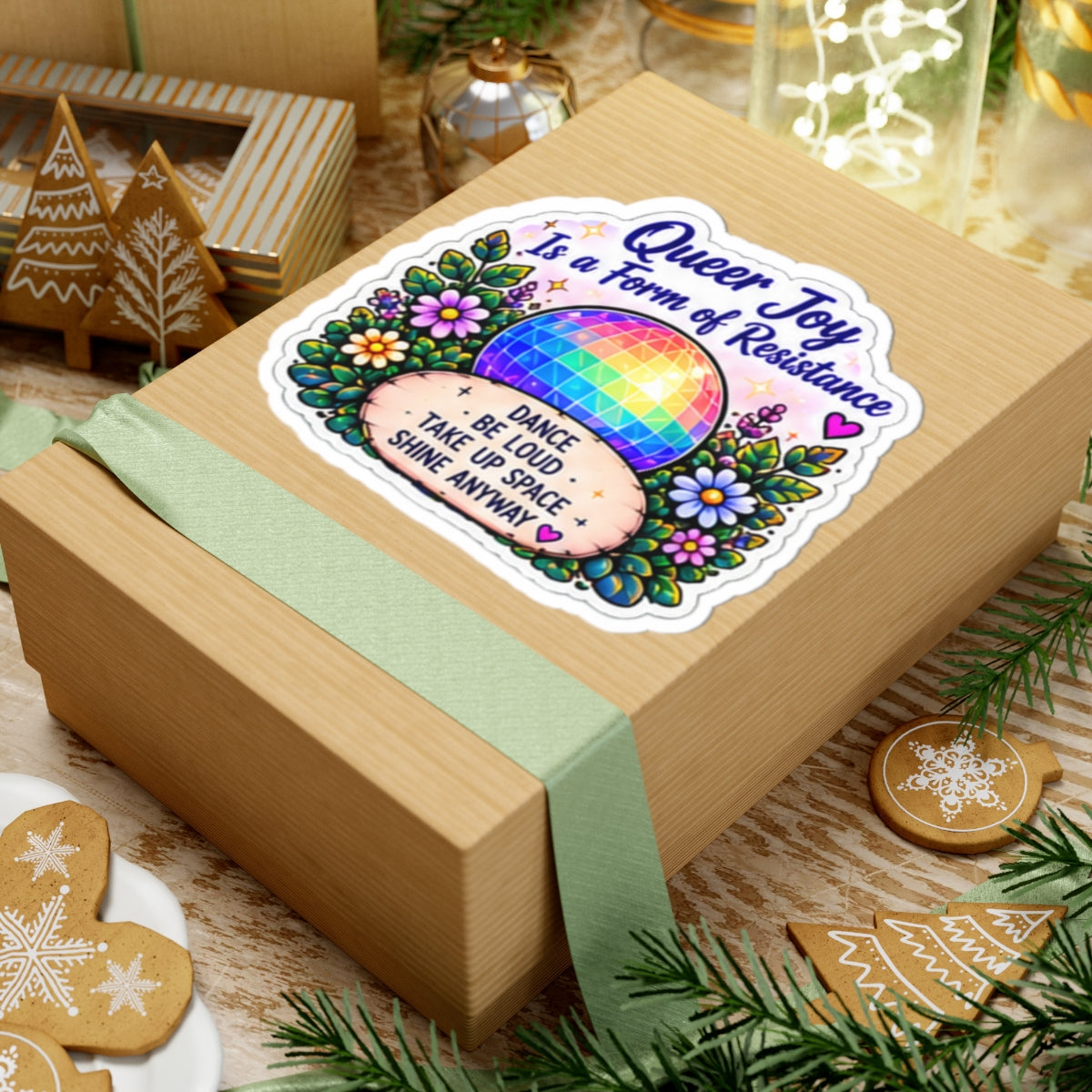 Queer Joy Is a Form of Resistance Sticker — Rainbow Disco Floral Vinyl Sticker