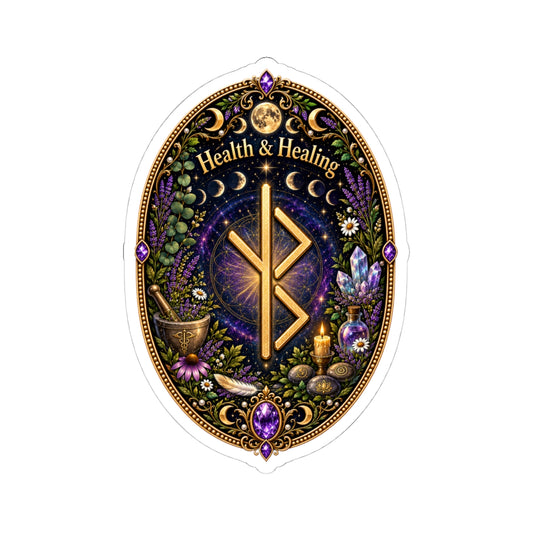 Health & Healing Witchy Rune Sticker — Crystal, Herb & Candle Oval Kiss-Cut Sticker