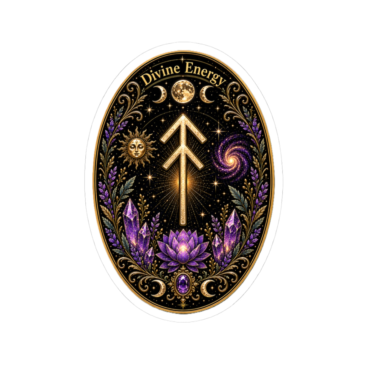 Divine Energy Rune Sticker — Spiritual Crystal & Lotus Kiss-Cut Decal