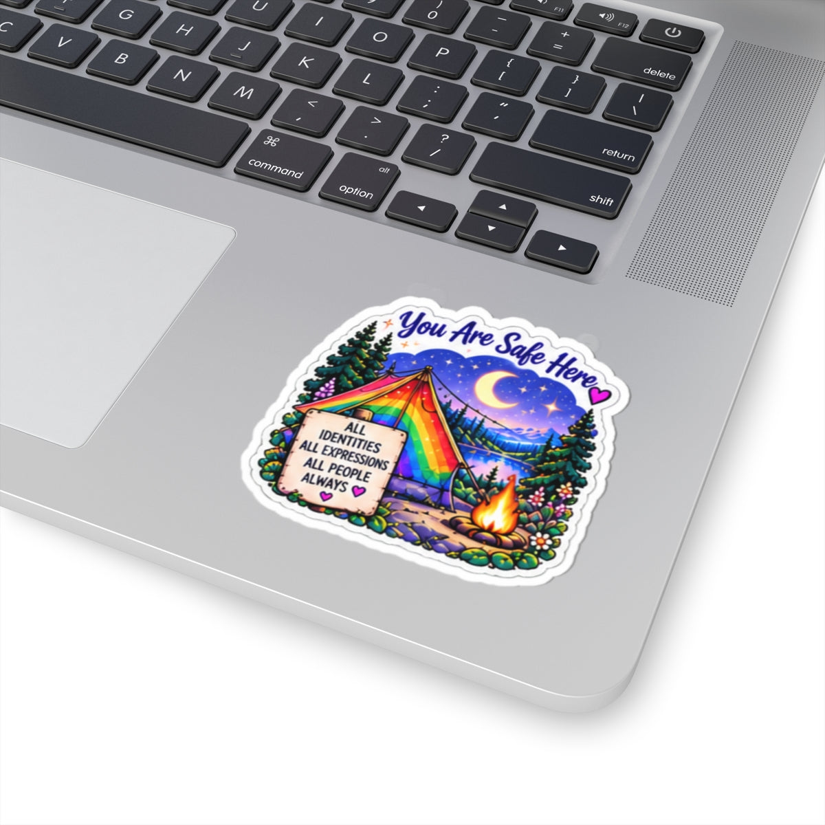 You Are Safe Here Rainbow Tent Sticker — LGBTQ+ Inclusive Camping Pride Kiss-Cut Sticker