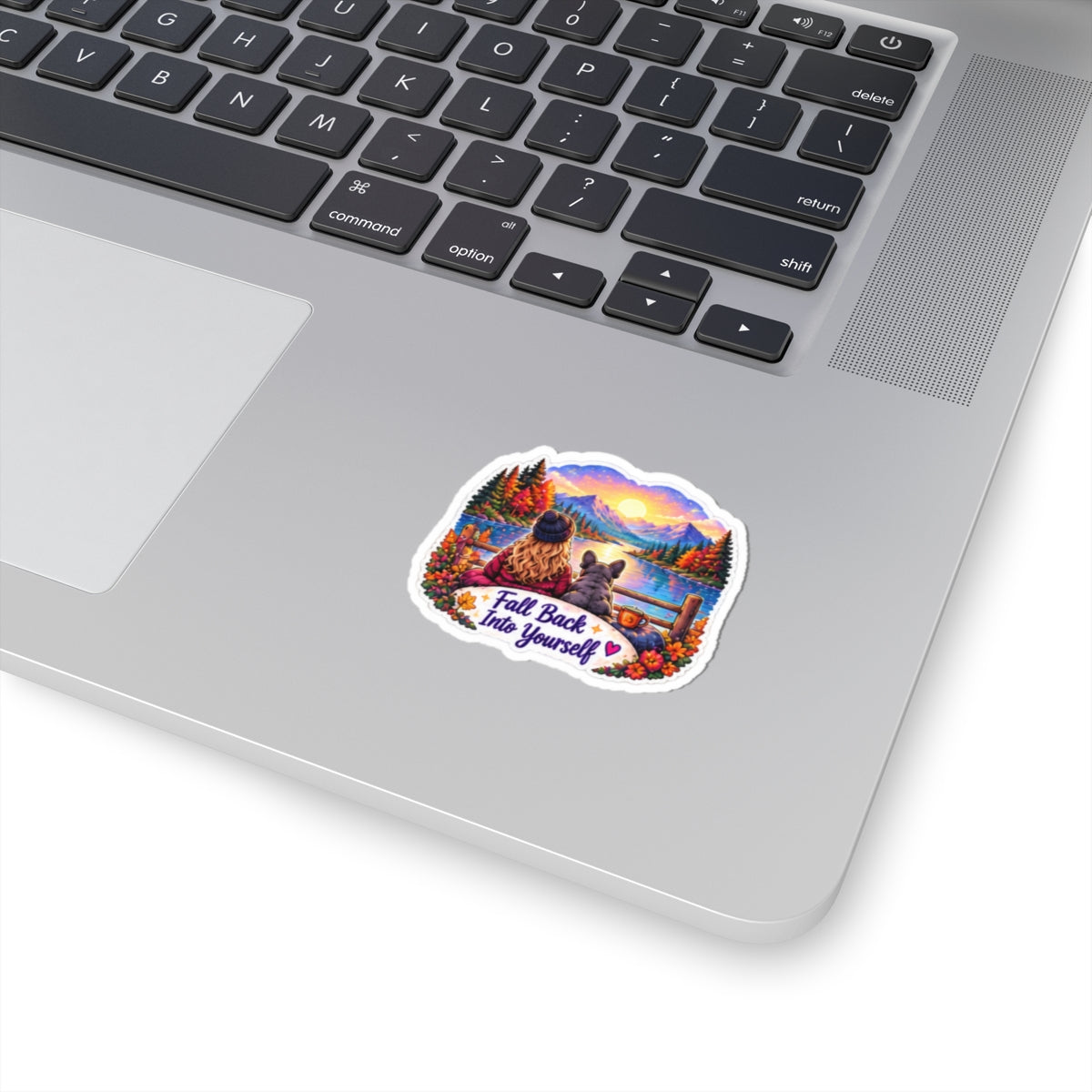 Fall Back Into Yourself Kiss-Cut Sticker — Cozy Autumn Lake Scene with Girl & Dog