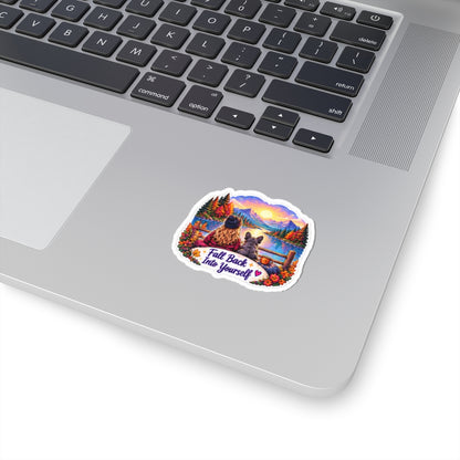 Fall Back Into Yourself Kiss-Cut Sticker — Cozy Autumn Lake Scene with Girl & Dog