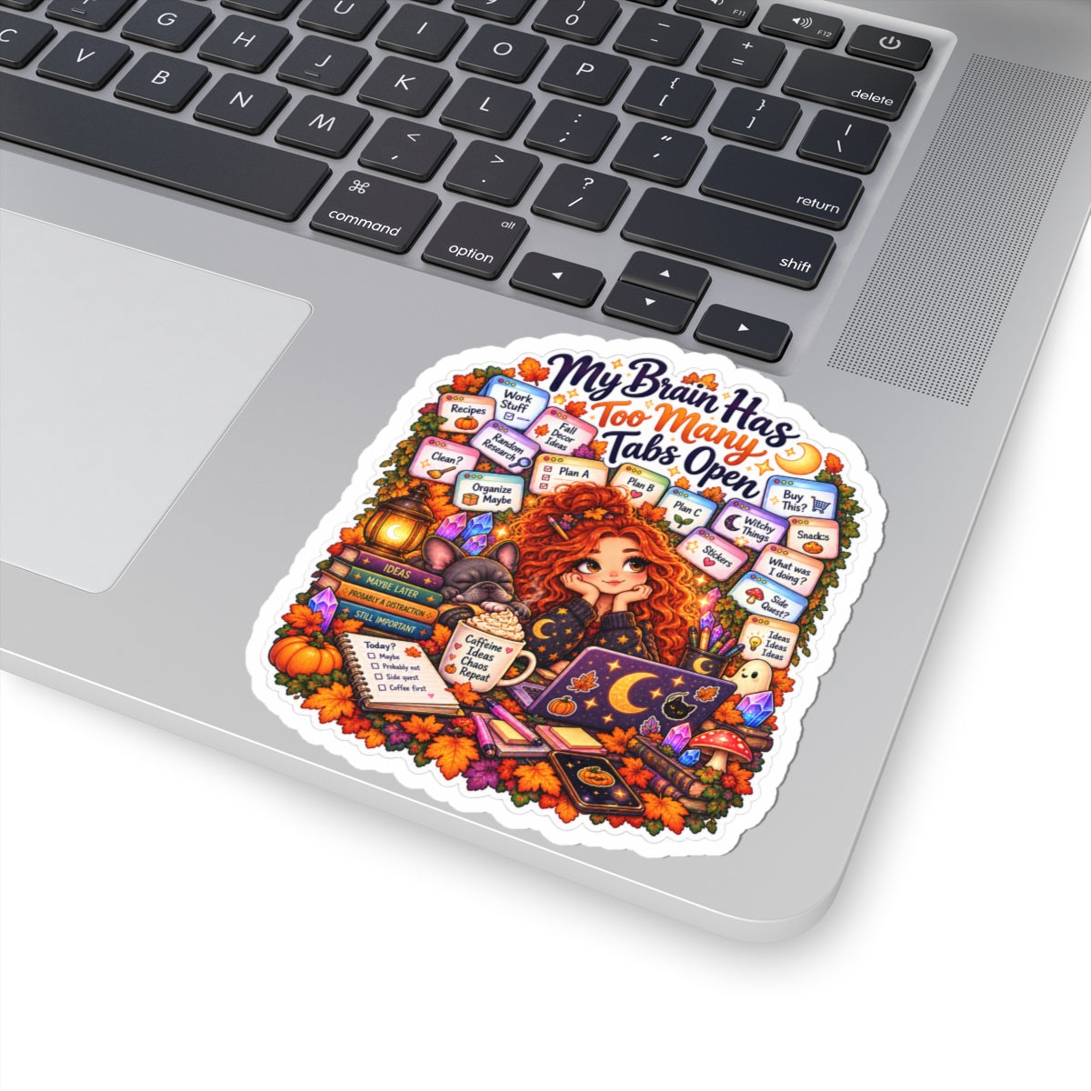 "My Brain Has Too Many Tabs Open" Redhead Woman Kiss-cut Sticker
