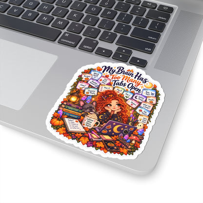 "My Brain Has Too Many Tabs Open" Redhead Woman Kiss-cut Sticker