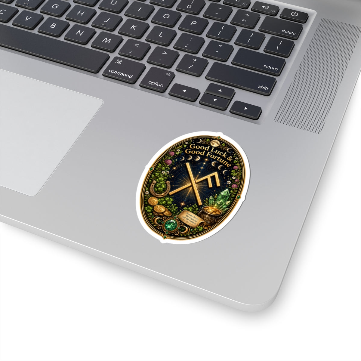 Good Luck & Good Fortune Rune Oval Sticker — Lucky Symbols, Crystals & Gold Coins Kiss-Cut Sticker