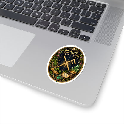 Good Luck & Good Fortune Rune Oval Sticker — Lucky Symbols, Crystals & Gold Coins Kiss-Cut Sticker