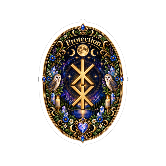 Protection Rune Sticker — Mystical Owl & Moon Kiss-Cut Sticker