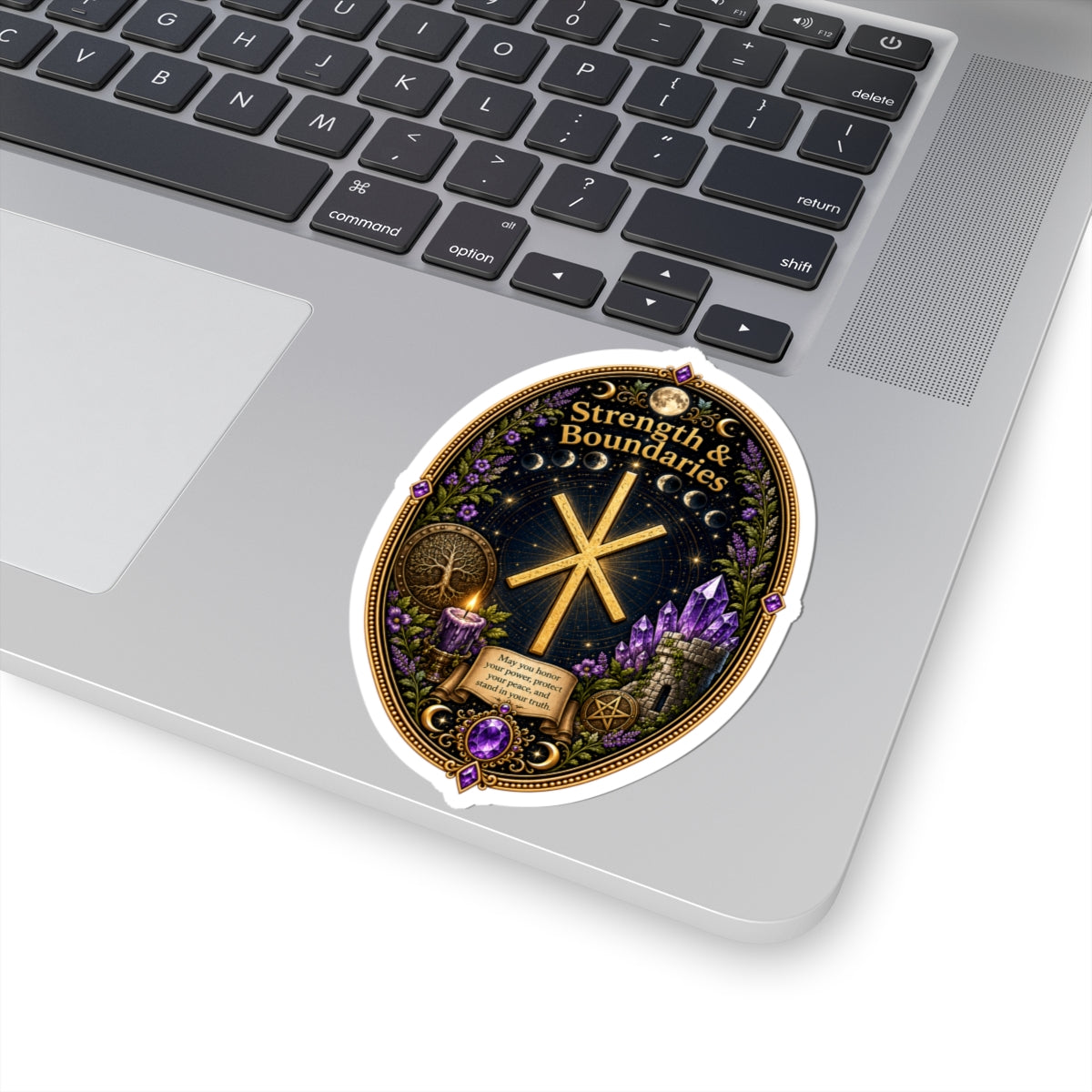 Strength & Boundaries Rune Sticker — Protective Rune, Crystals & Witchy Aesthetic Kiss-Cut Sticker