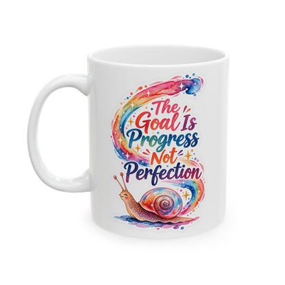 Colorful Snail Ceramic Mug — 'Progress, Not Perfection' Inspirational Coffee Cup (11oz)