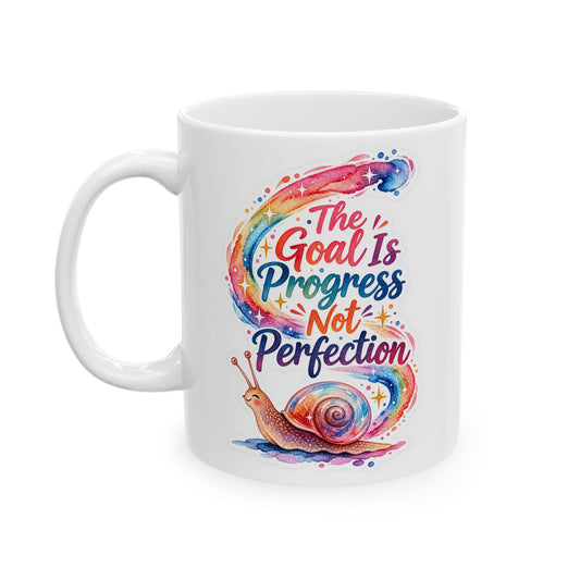 Colorful Snail Ceramic Mug — 'Progress, Not Perfection' Inspirational Coffee Cup (11oz)