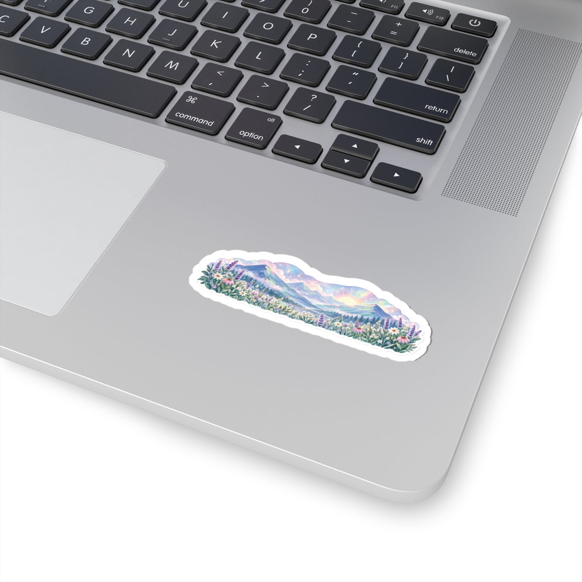 Pastel Mountain Sunrise Sticker — Floral Landscape Kiss-Cut Decal