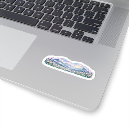 Pastel Mountain Sunrise Sticker — Floral Landscape Kiss-Cut Decal