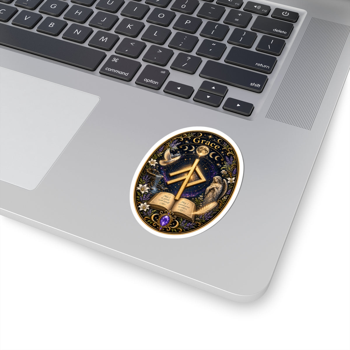 Grace Rune Kiss-Cut Sticker — Mystical Angelic Book & Moon Design