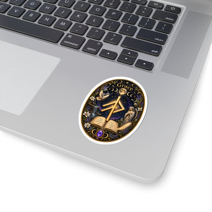 Grace Rune Kiss-Cut Sticker — Mystical Angelic Book & Moon Design