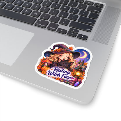 Resting Witch Face Cute Autumn Witch with Cat, Moonlit Lantern Sticker