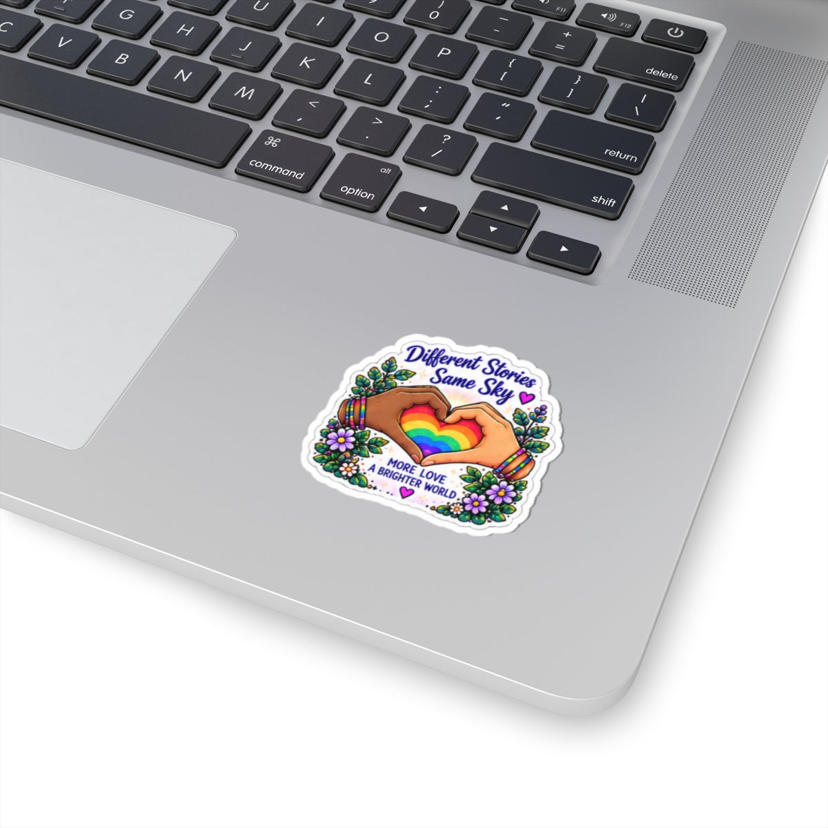 Different Stories Same Sky Rainbow Heart Sticker — "More Love A Brighter World" Pride Kiss-Cut Sticker