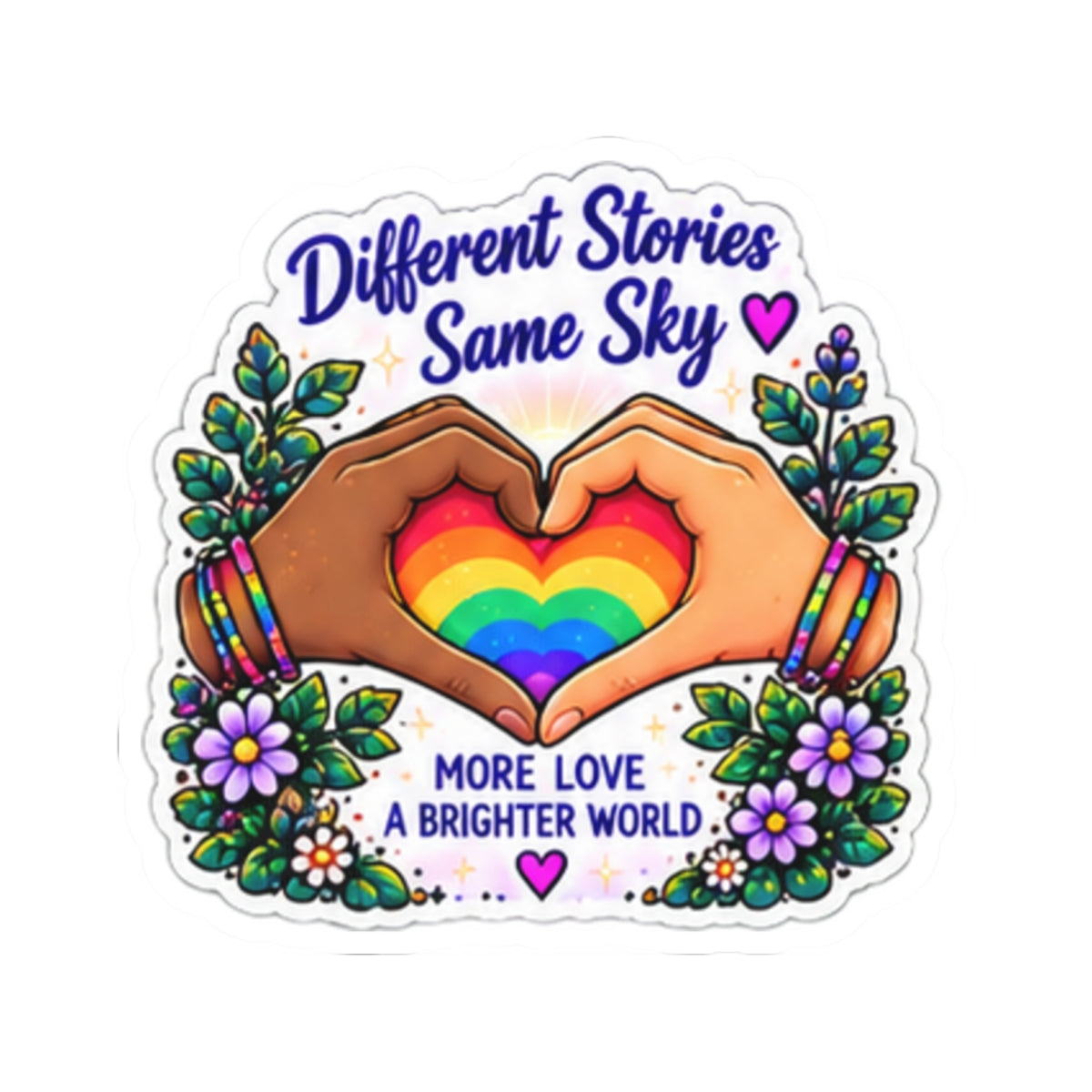 Different Stories Same Sky Rainbow Heart Sticker — "More Love A Brighter World" Pride Kiss-Cut Sticker