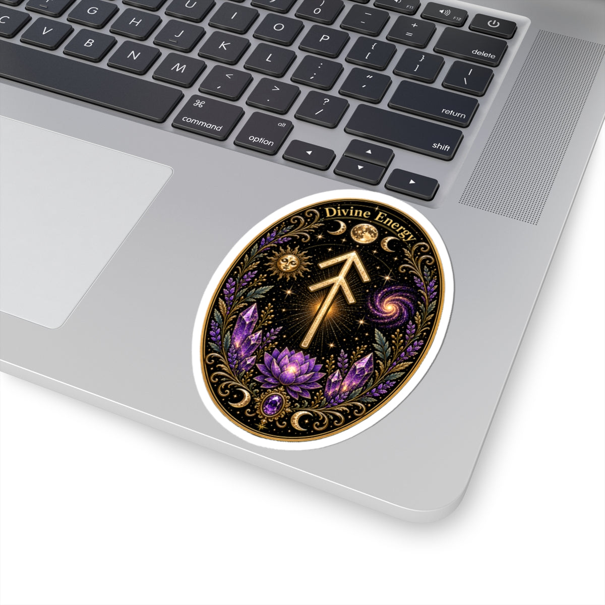 Divine Energy Rune Sticker — Spiritual Crystal & Lotus Kiss-Cut Decal