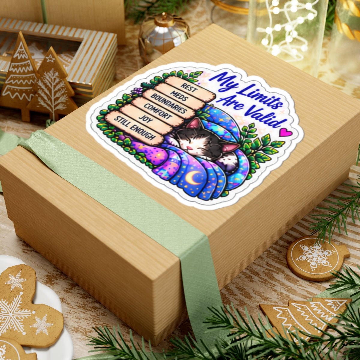 My Limits Are Valid Cat Sticker — Mental Health Affirmation Kiss-Cut Sticker