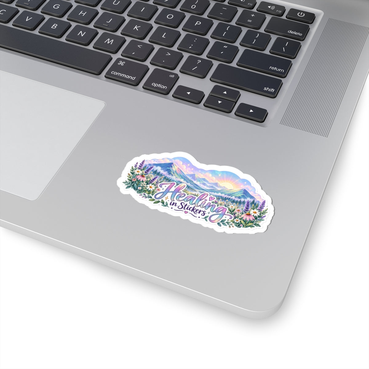Healing in Stickers Vinyl Sticker — Pastel Mountain Floral Laptop Decal