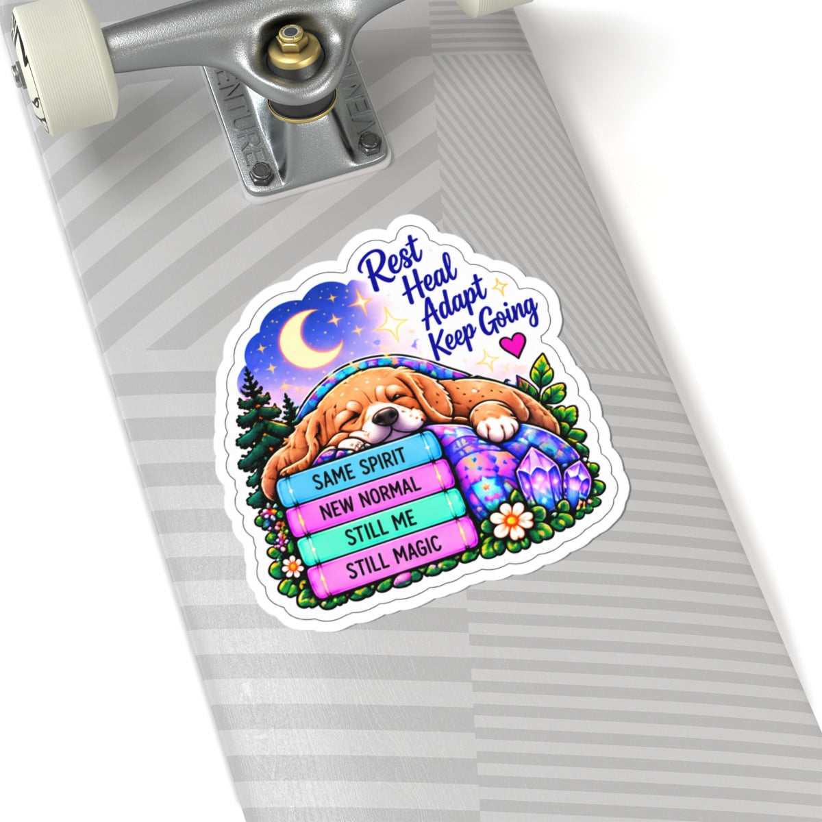 Rest Heal Adapt Keep Going Sticker — Motivational Cute Dog Vinyl Sticker