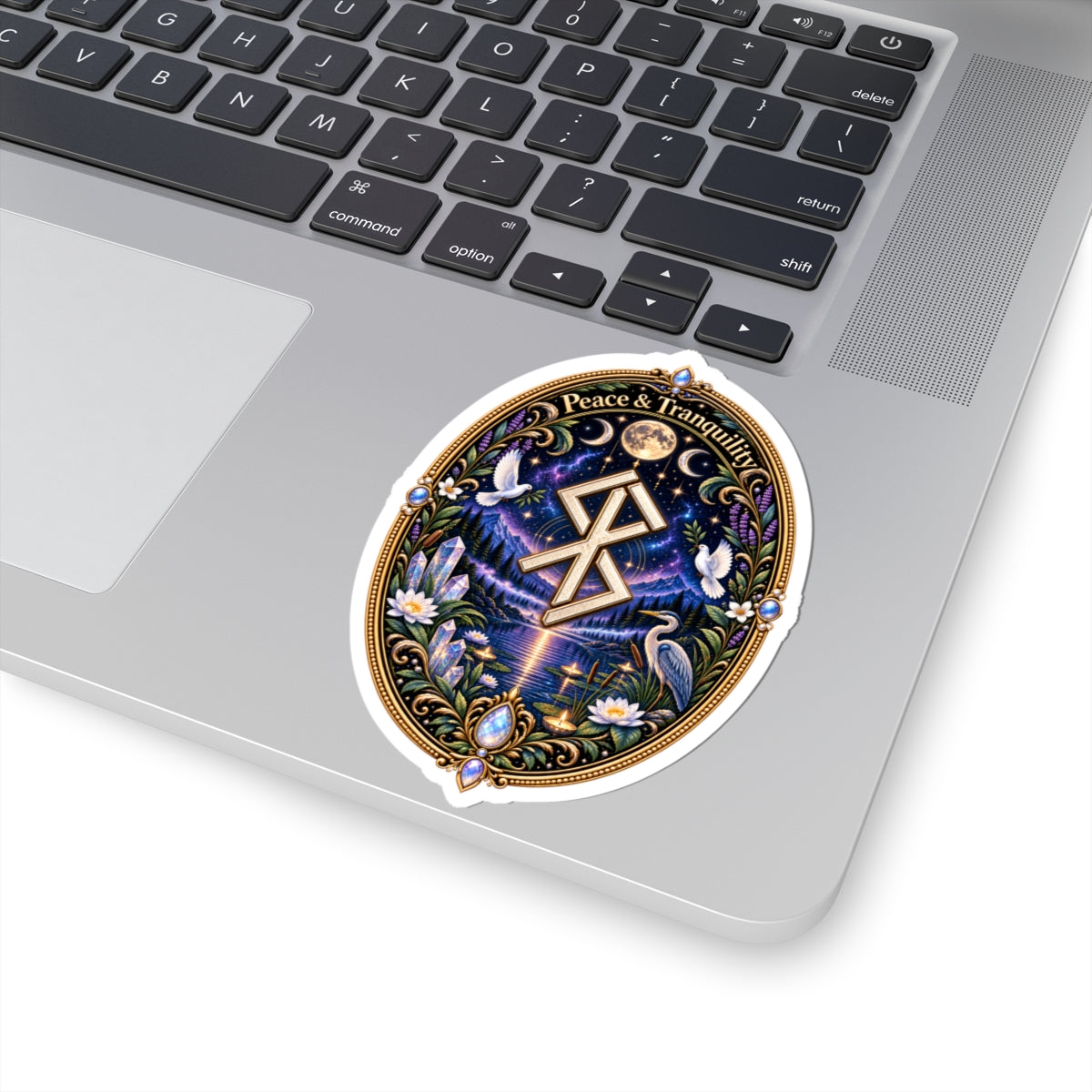 Peace & Tranquility Rune Sticker with Birds — Mystic Nature Kiss-Cut Sticker