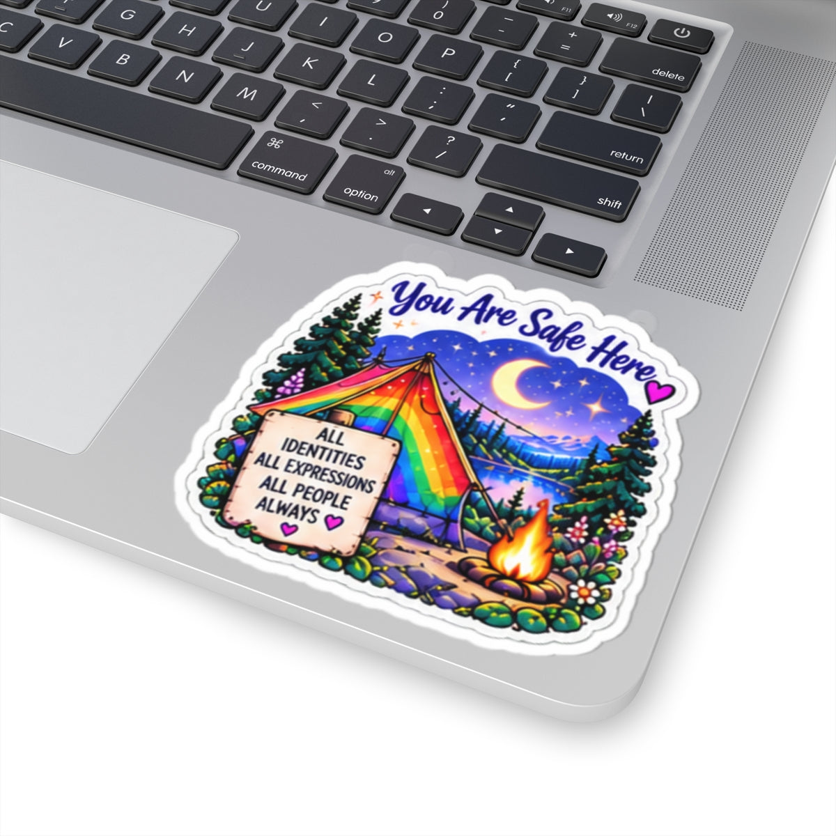 You Are Safe Here Rainbow Tent Sticker — LGBTQ+ Inclusive Camping Pride Kiss-Cut Sticker