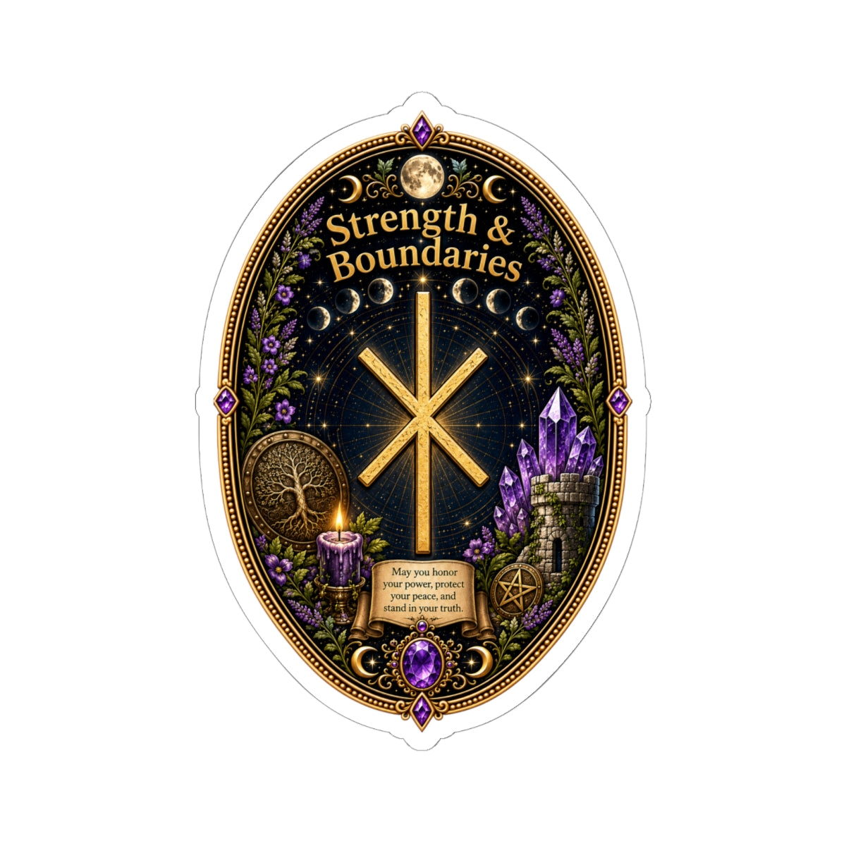 Strength & Boundaries Rune Sticker — Protective Rune, Crystals & Witchy Aesthetic Kiss-Cut Sticker