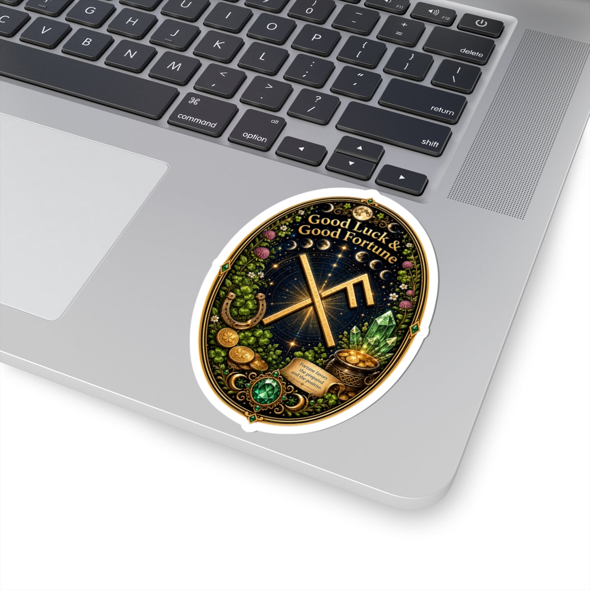 Good Luck & Good Fortune Rune Oval Sticker — Lucky Symbols, Crystals & Gold Coins Kiss-Cut Sticker