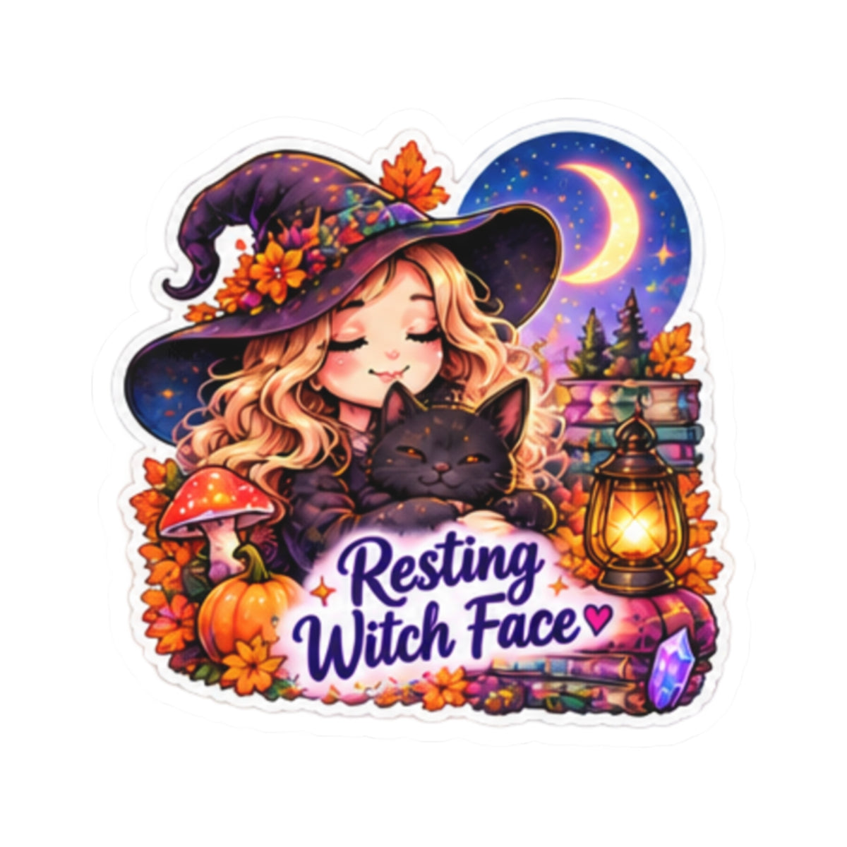 Resting Witch Face Cute Autumn Witch with Cat, Moonlit Lantern Sticker