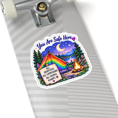 You Are Safe Here Rainbow Tent Sticker — LGBTQ+ Inclusive Camping Pride Kiss-Cut Sticker