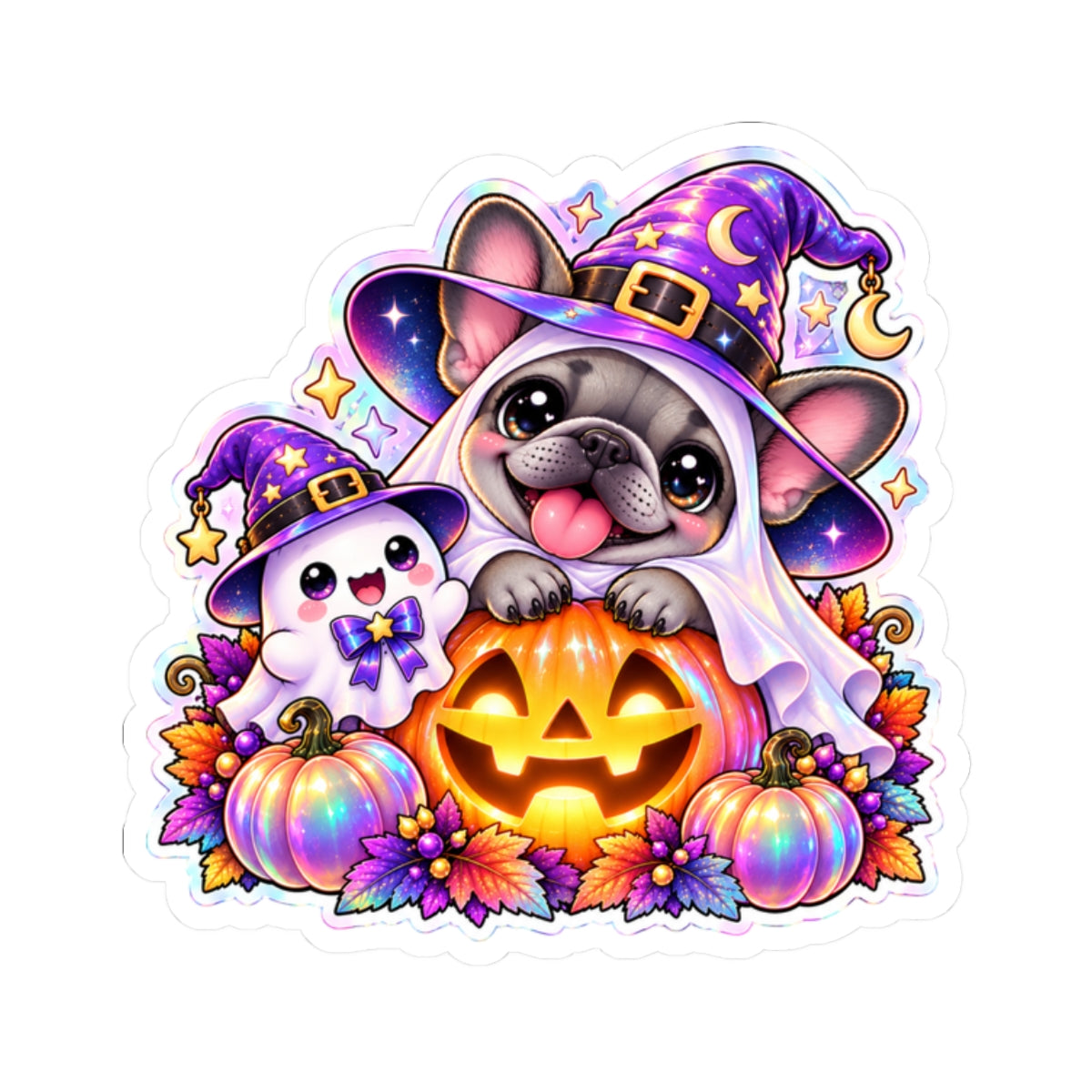 Halloween Frenchie & Ghost Sticker — Cute Witch Hat Jack-o'-Lantern Kiss-Cut Sticker