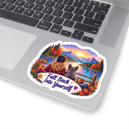 Fall Back Into Yourself Kiss-Cut Sticker — Cozy Autumn Lake Scene with Girl & Dog