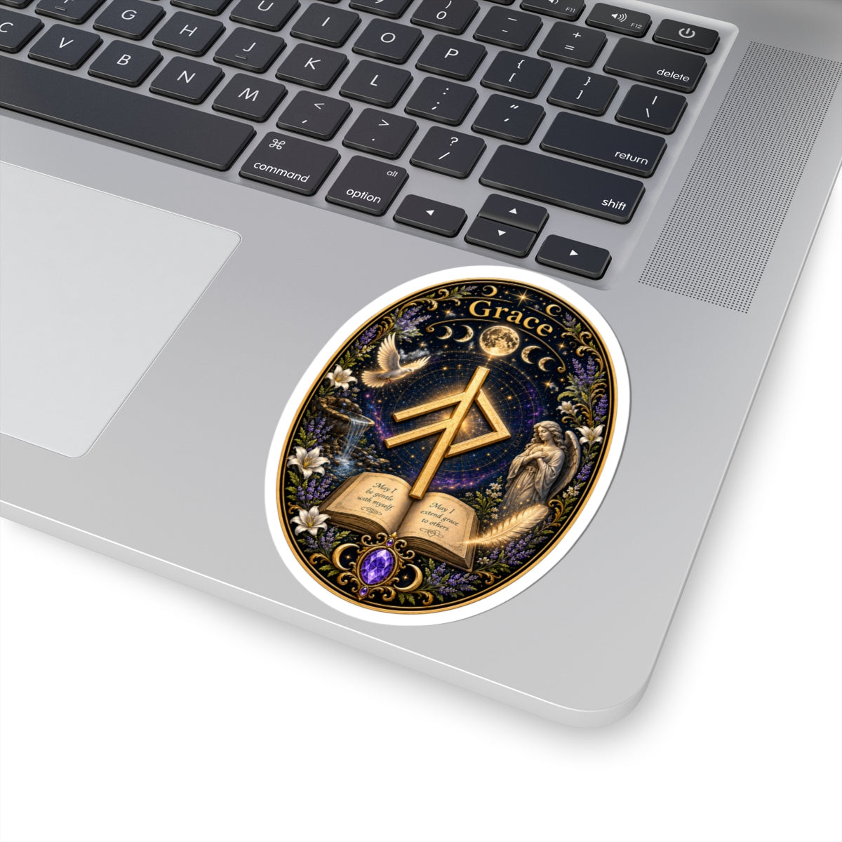Grace Rune Kiss-Cut Sticker — Mystical Angelic Book & Moon Design