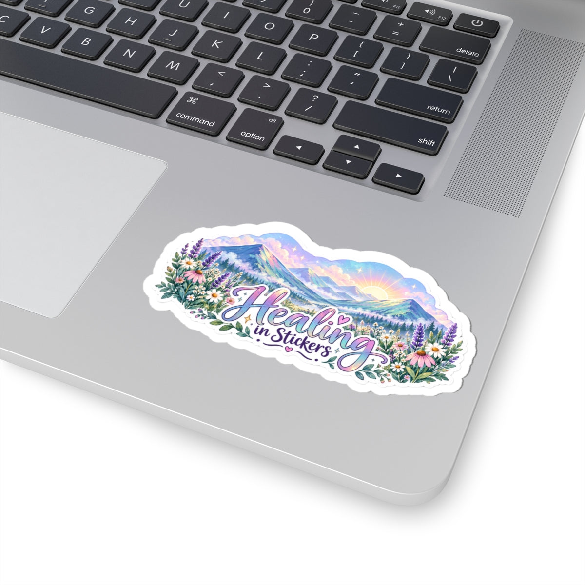 Healing in Stickers Vinyl Sticker — Pastel Mountain Floral Laptop Decal