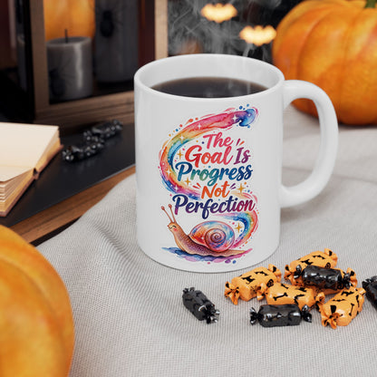 Colorful Snail Ceramic Mug — 'Progress, Not Perfection' Inspirational Coffee Cup (11oz)