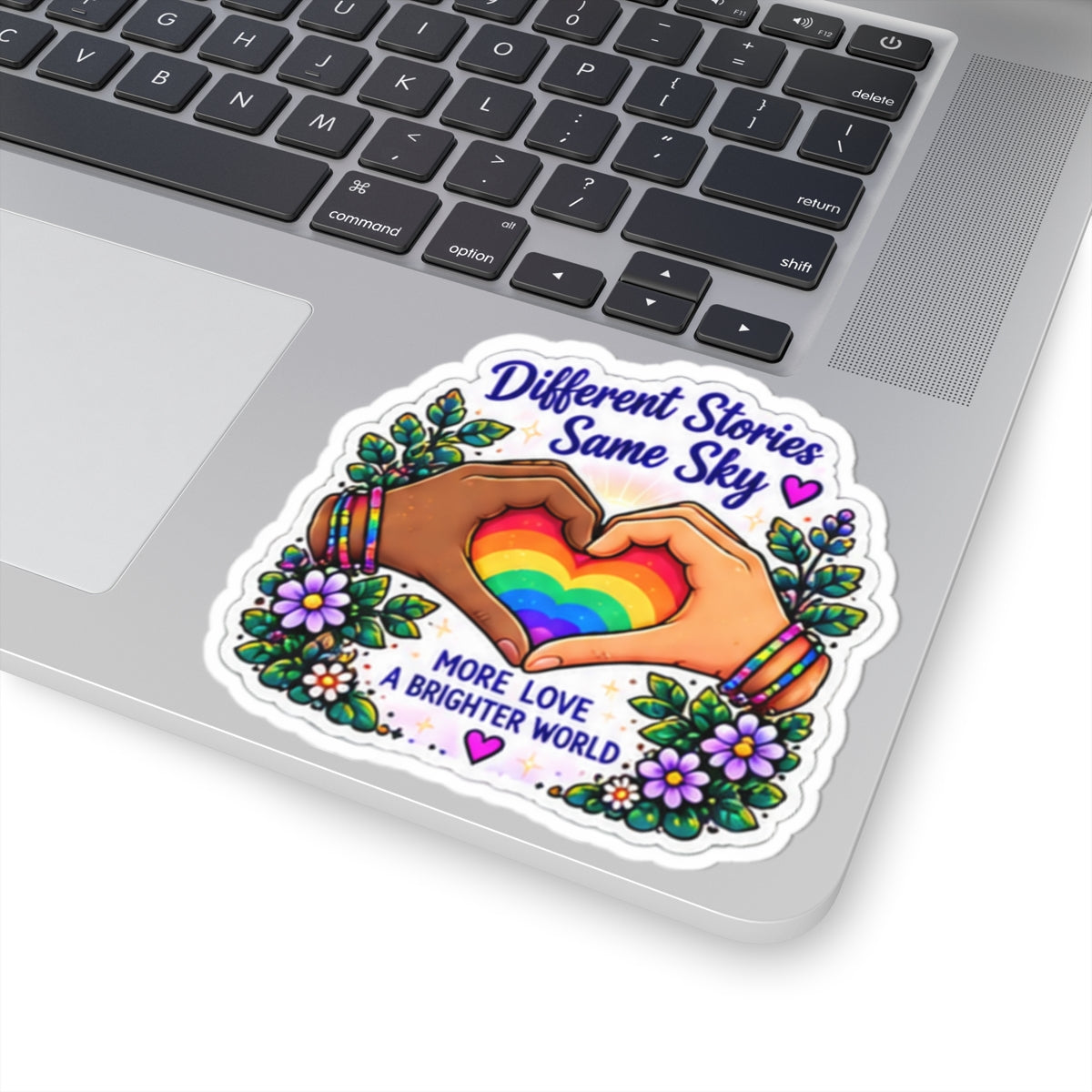 Different Stories Same Sky Rainbow Heart Sticker — "More Love A Brighter World" Pride Kiss-Cut Sticker