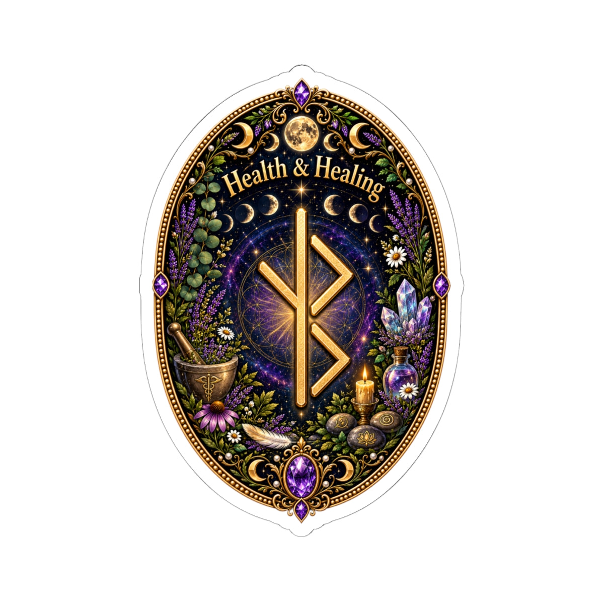 Health & Healing Witchy Rune Sticker — Crystal, Herb & Candle Oval Kiss-Cut Sticker