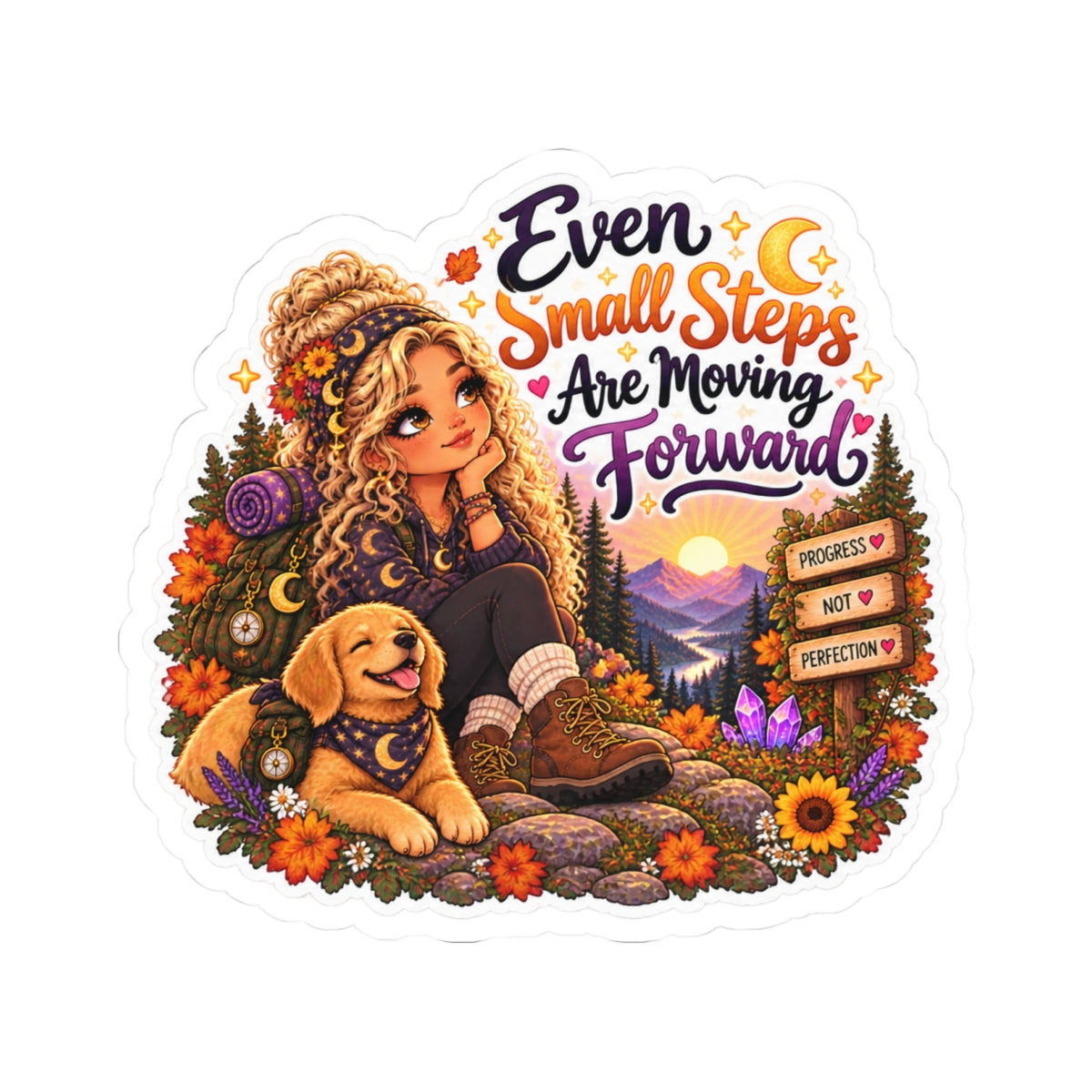 "Even Small Steps Are Moving Forward" Outdoor Adventure Motivational Sticker blonde girl