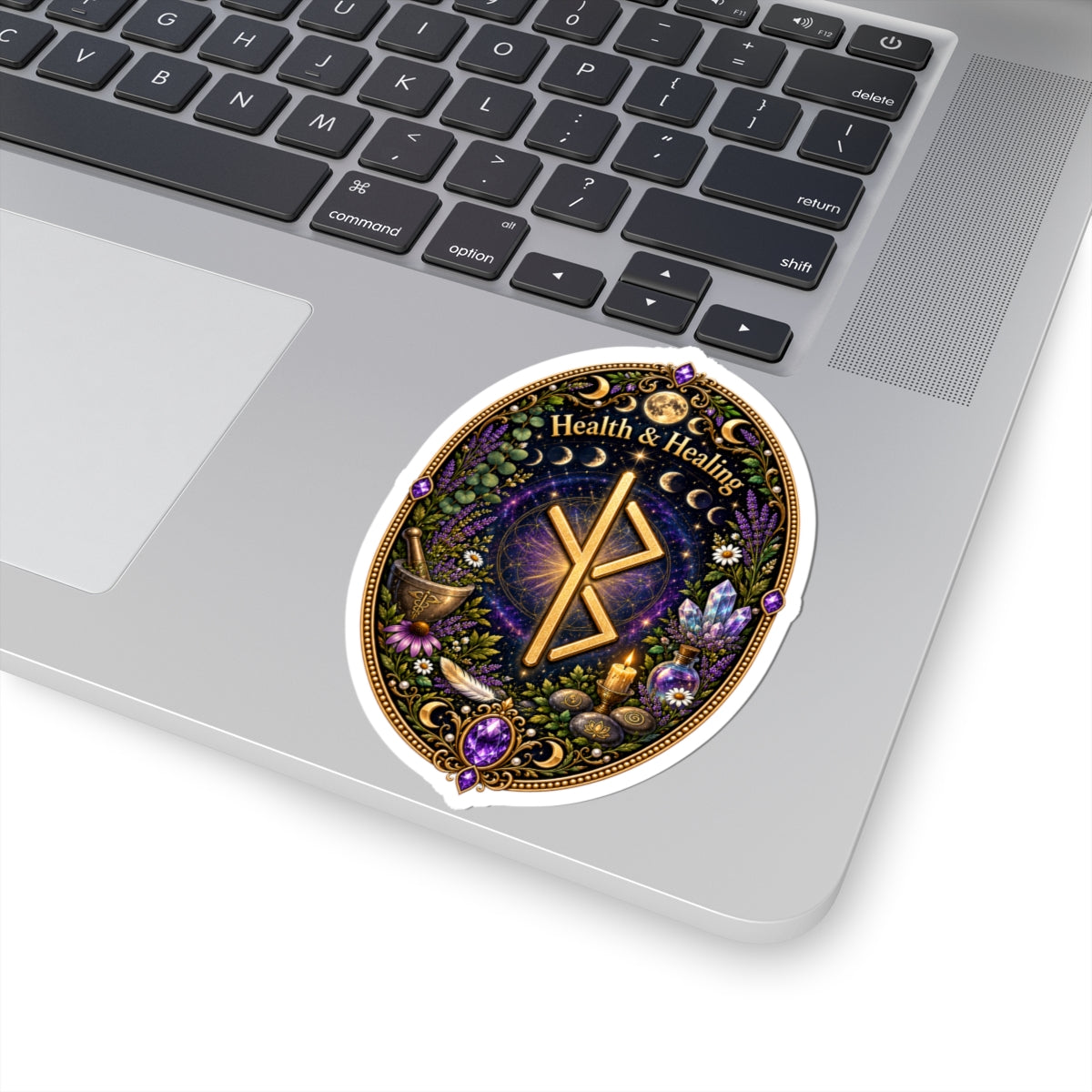 Health & Healing Witchy Rune Sticker — Crystal, Herb & Candle Oval Kiss-Cut Sticker