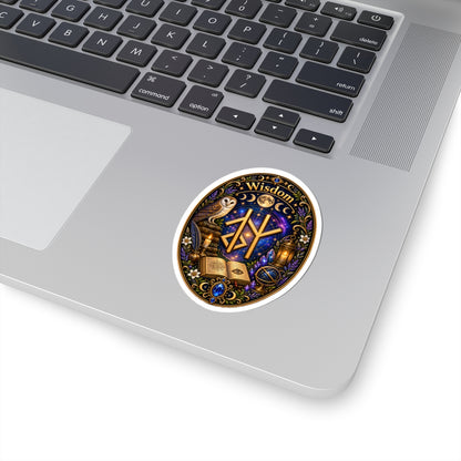 Wisdom Rune Sticker — Owl, Moon & Mystic Book Kiss‑Cut Sticker